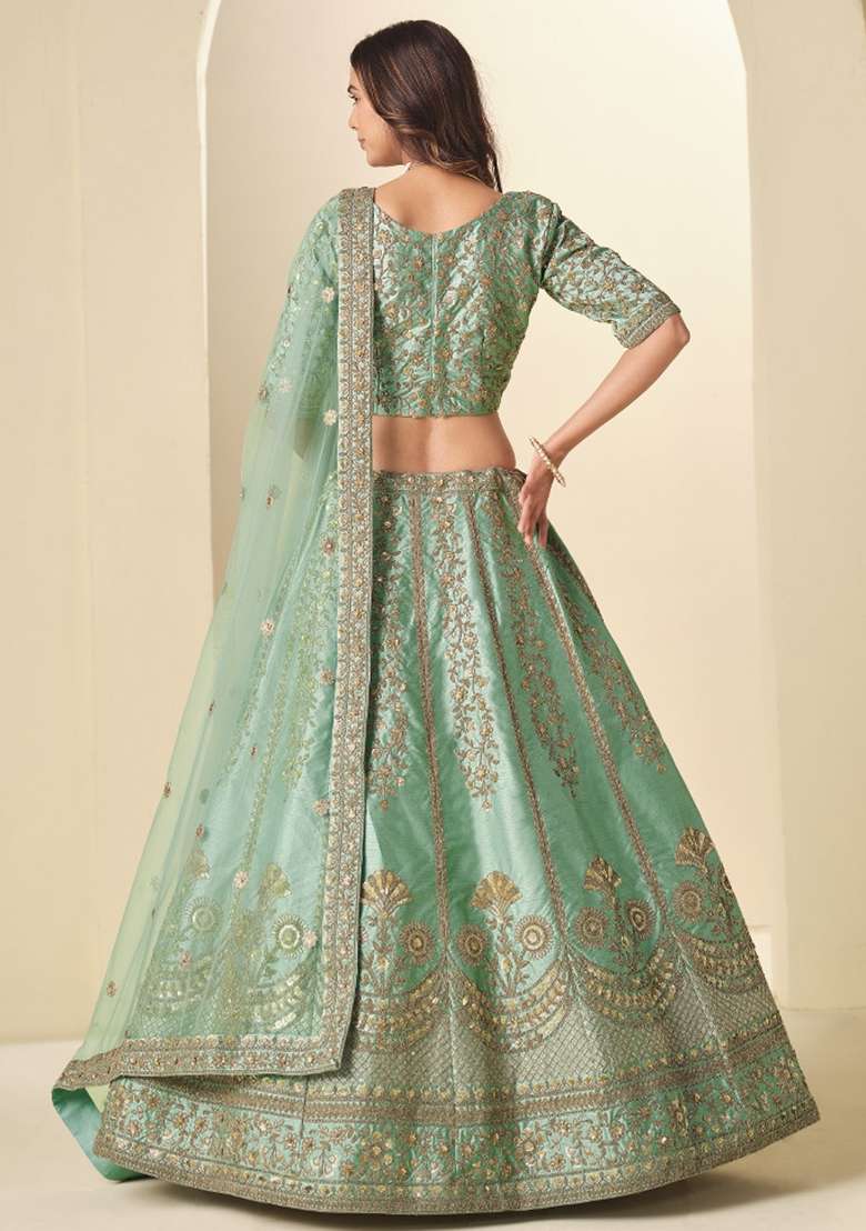 Sea Green Silk Blend Lehenga Set with Embroidered for Diwali | Wedding & Festive Wear - Indya