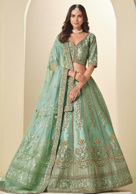 Sea Green Embroidered Silk Lehenga Set
