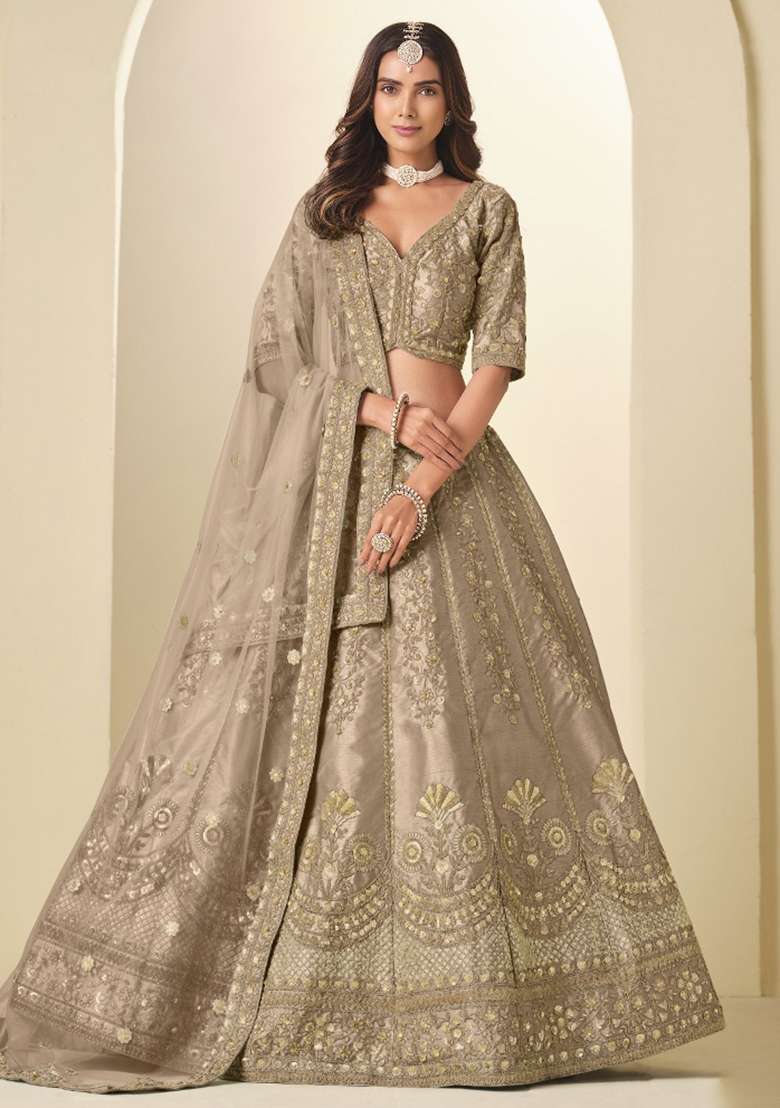 Brown Silk Blend Lehenga Set with Embroidered for Diwali | Wedding & Festive Wear - Indya