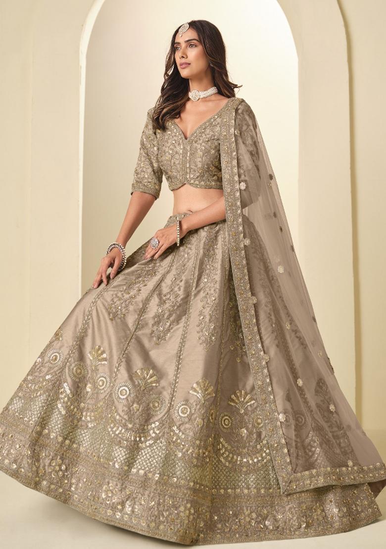 Brown Embroidered Silk Lehenga Set - Indya