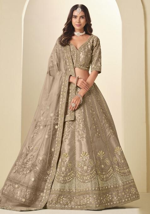 Brown Embroidered Silk Lehenga Set