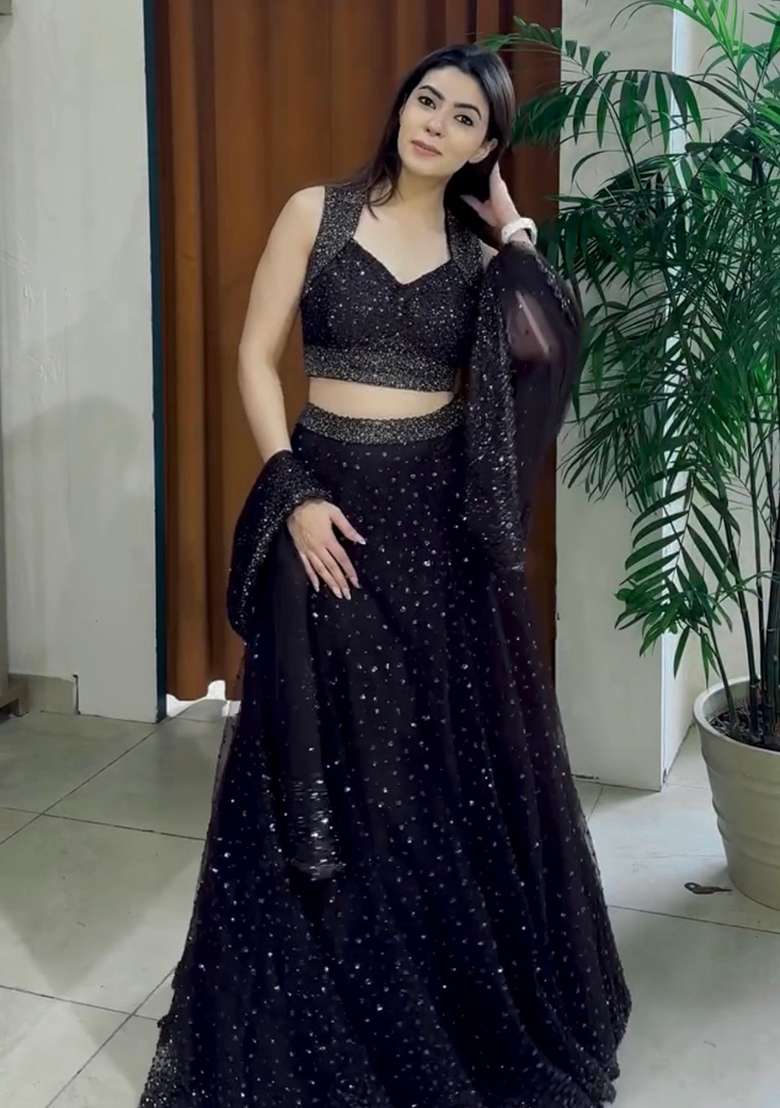 Black Embroidered Net Lehenga Set for Diwali and Festive Wear - Indya