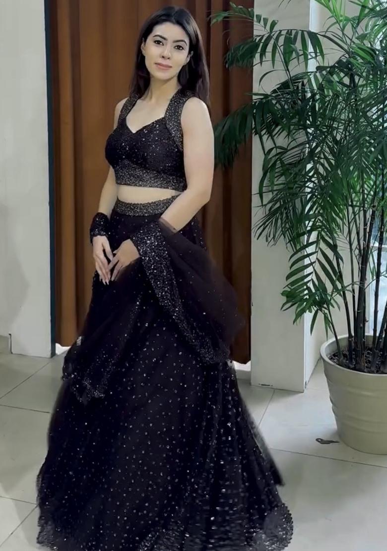 Black Embroidered Net Lehenga Set - Indya