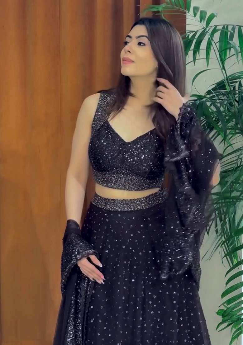 Black Embroidered Net Lehenga Set for Diwali and Festive Wear - Indya