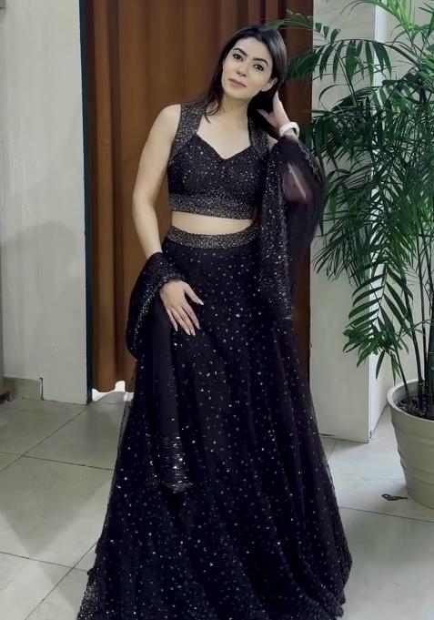 Black Embroidered Net Lehenga Set