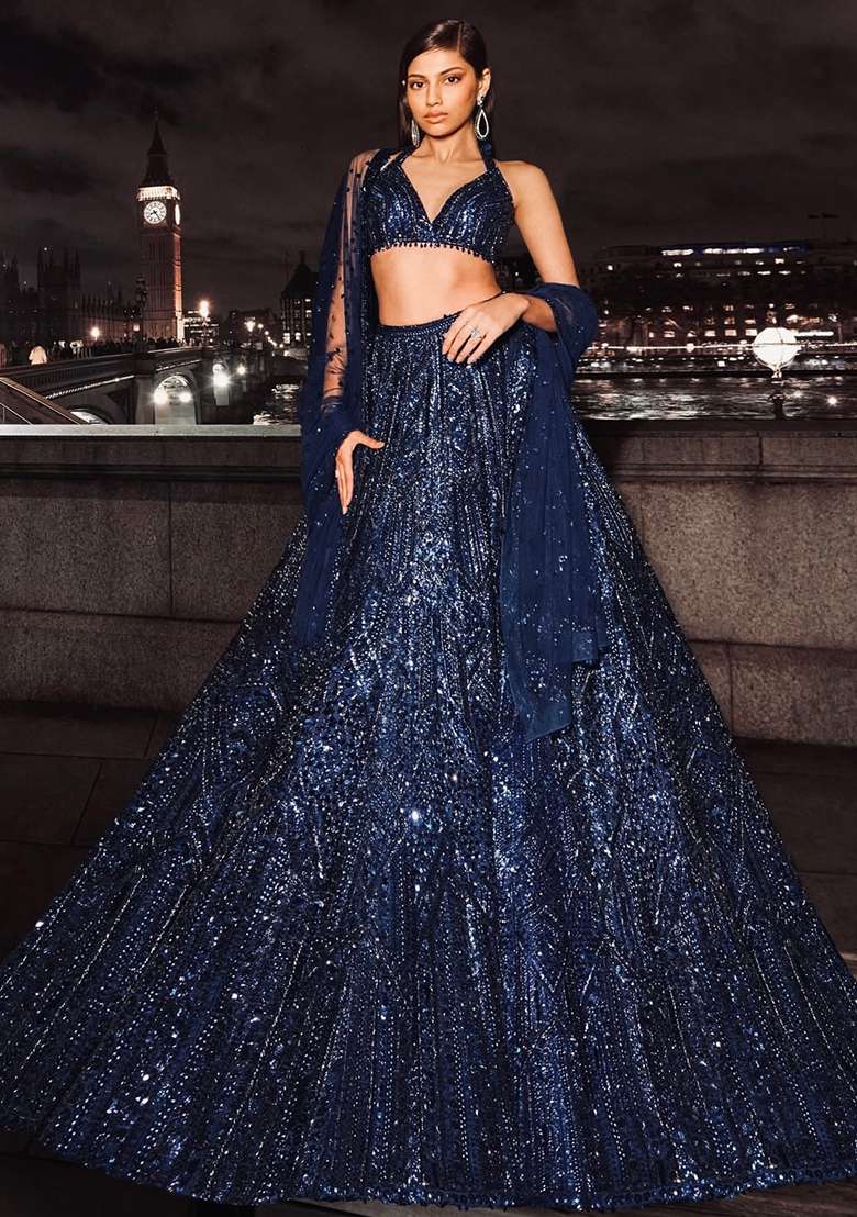 Blue Net Lehenga Set with Embroidered for Diwali | Wedding & Festive Wear - Indya