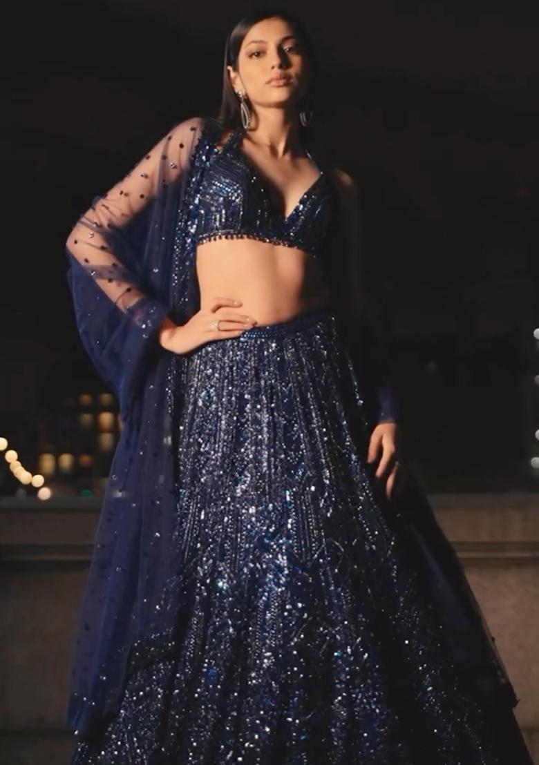 Blue Embroidered Net Lehenga Set - Indya