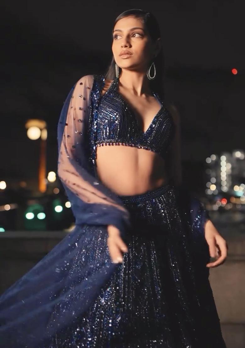 Blue Embroidered Net Lehenga Set - Indya