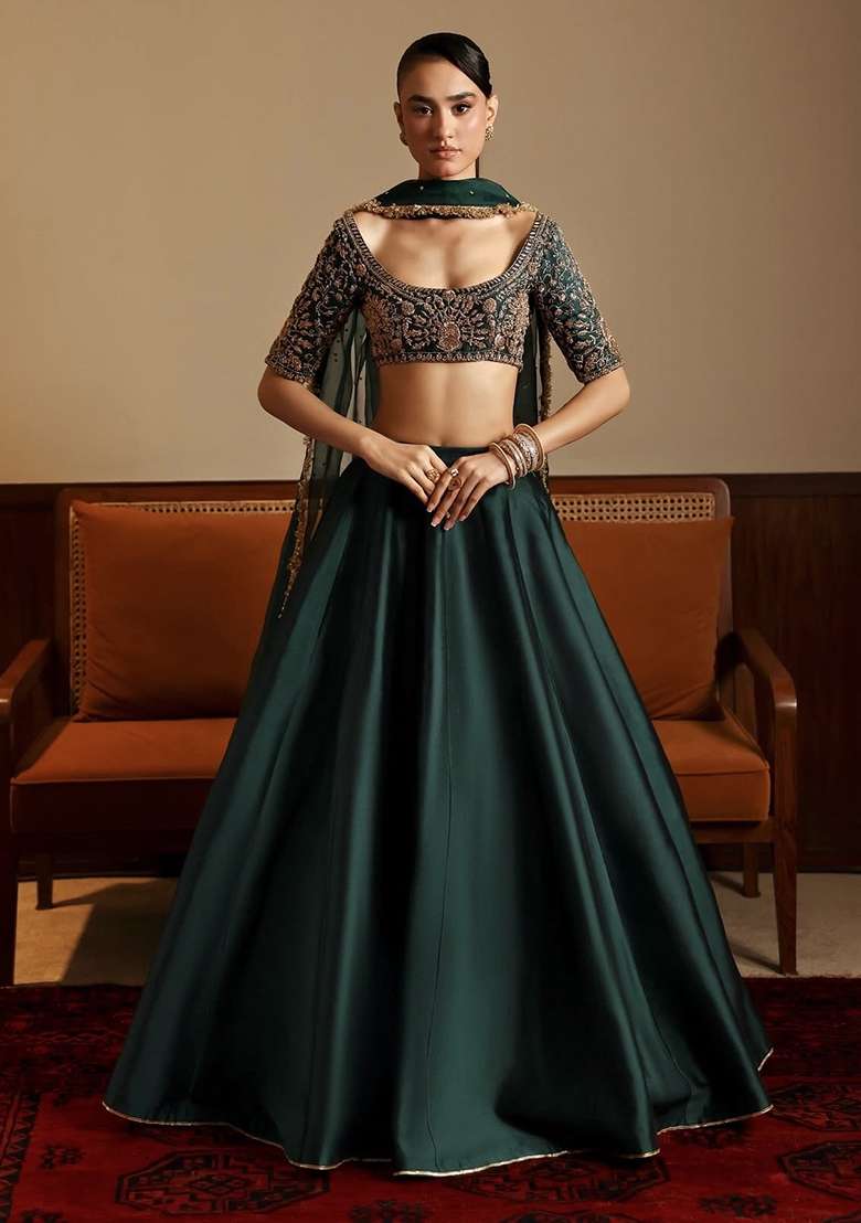 Green Satin Lehenga Set with Embroidered for Diwali | Wedding & Festive Wear - Indya