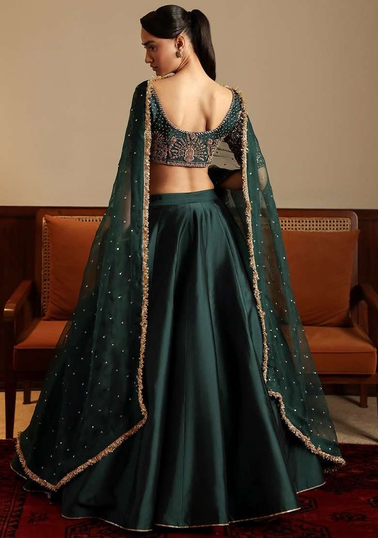 Green Satin Lehenga Set with Embroidered for Diwali | Wedding & Festive Wear - Indya