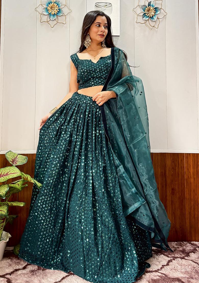 Green Embroidered Georgette Lehenga Set - Indya