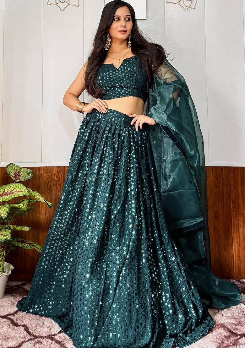 Green Embroidered Georgette Lehenga Set - Indya