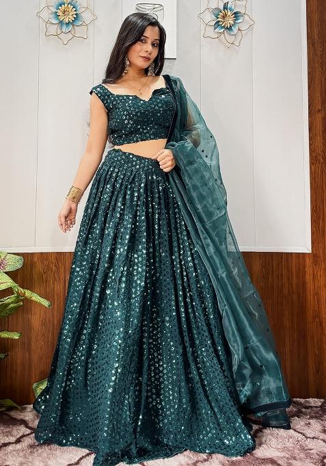 Green Embroidered Georgette Lehenga Set