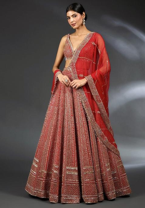 Cherry Red Embroidered Satin Lehenga Set