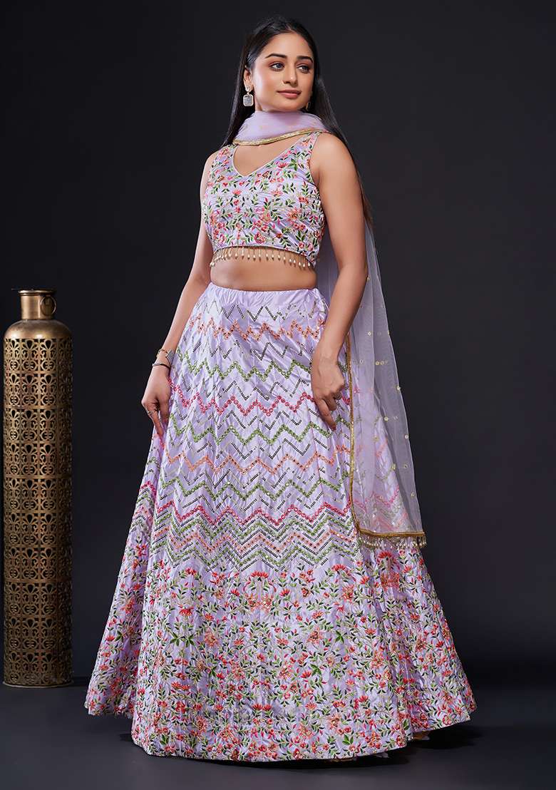 Lavender Embroidered Silk Blend Lehenga Set for Diwali and Festive Wear - Indya