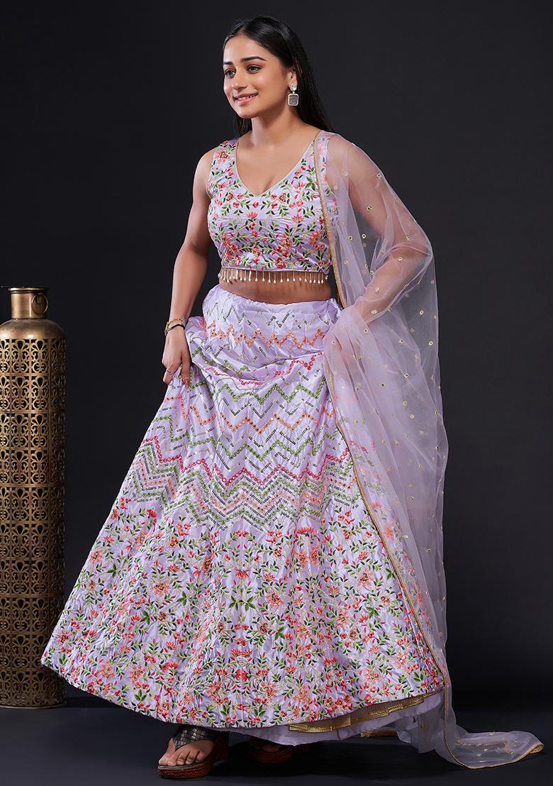 Lavender Embroidered Silk Lehenga Set - Indya