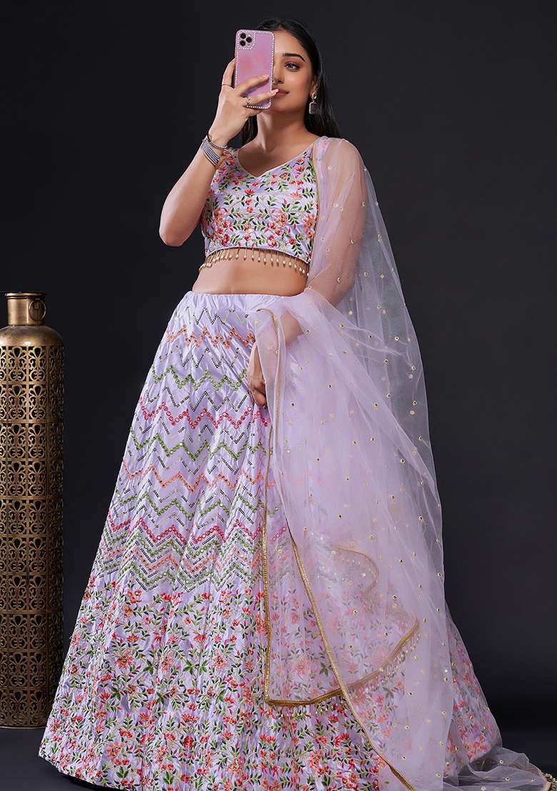Lavender Embroidered Silk Blend Lehenga Set for Diwali and Festive Wear - Indya