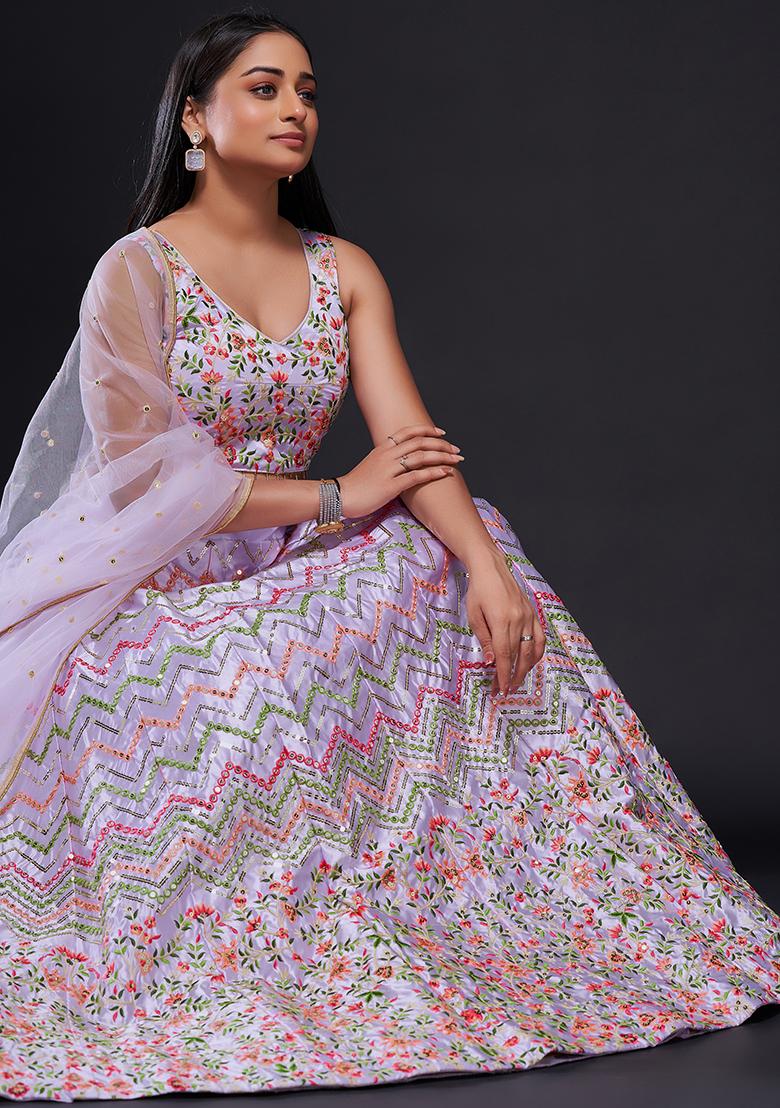 Lavender Embroidered Silk Lehenga Set - Indya
