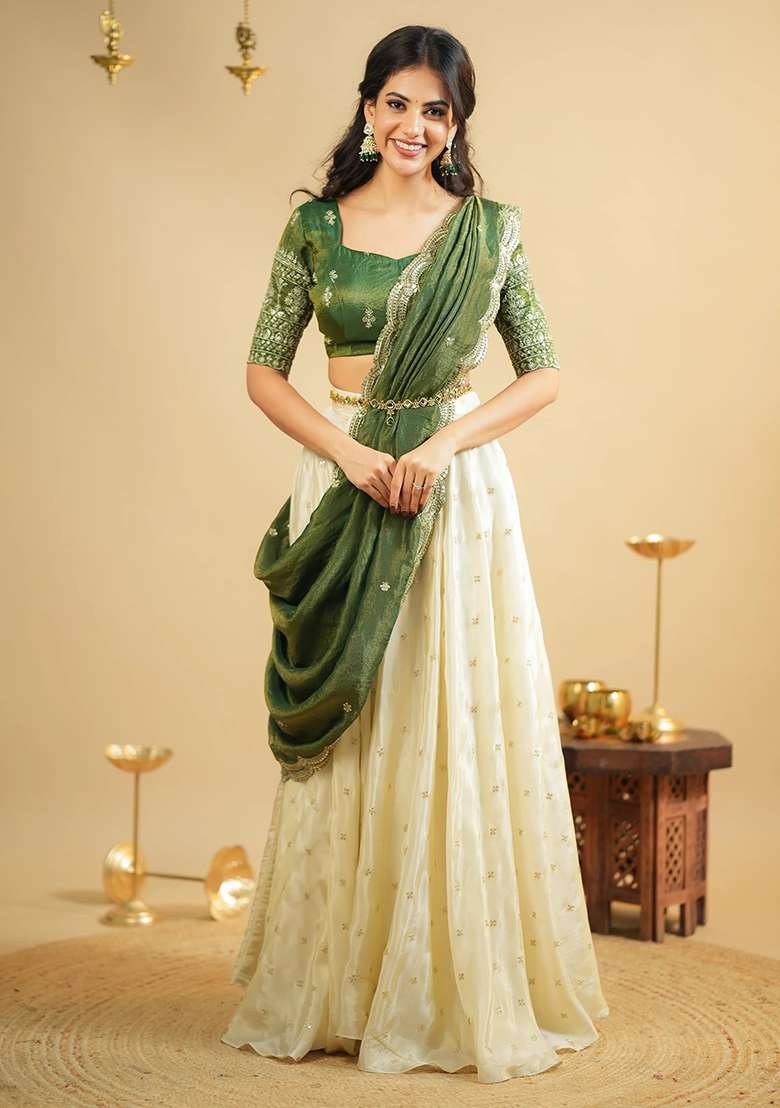Green Embroidered Silk Blend Lehenga Set for Diwali and Festive Wear - Indya