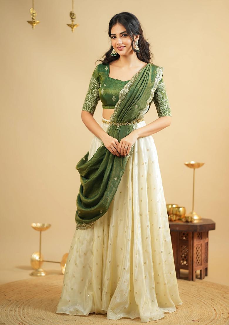Green Embroidered Silk Lehenga Set - Indya