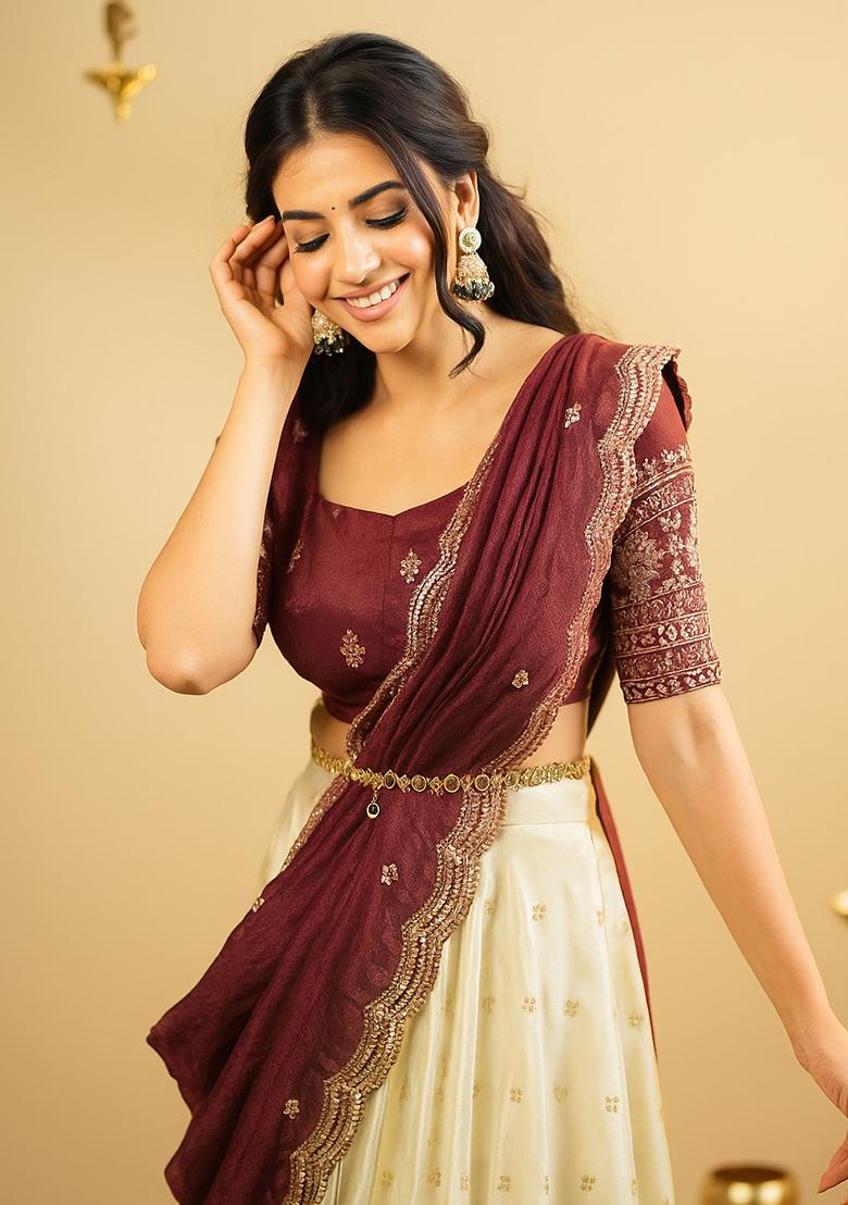 Maroon Embroidered Silk Lehenga Set - Indya