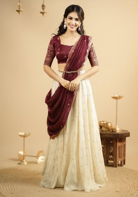 Maroon Embroidered Silk Lehenga Set
