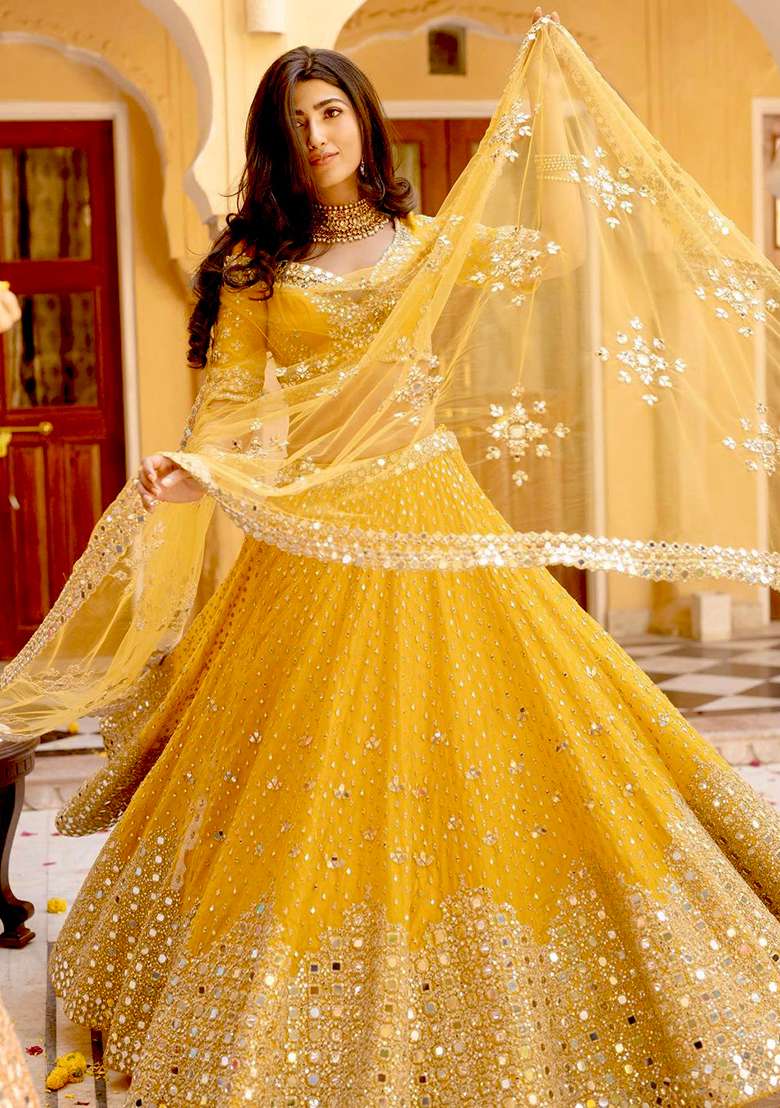 Yellow Georgette Lehenga Set with Embroidered for Diwali | Wedding & Festive Wear - Indya