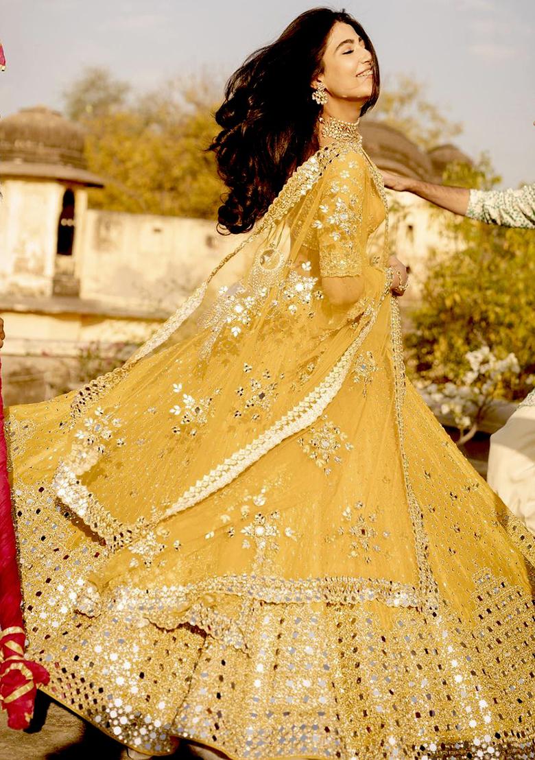 Yellow Embroidered Georgette Lehenga Set - Indya