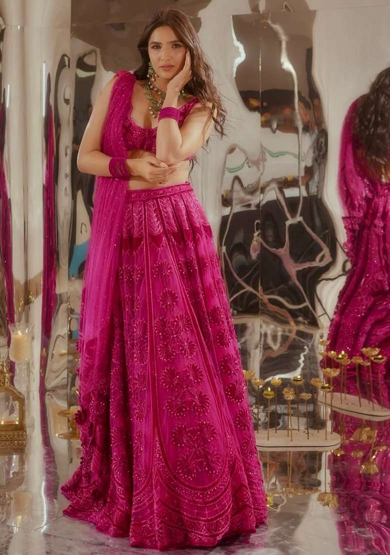 Pink Silk Blend Lehenga Set with Embroidered for Diwali | Wedding & Festive Wear - Indya