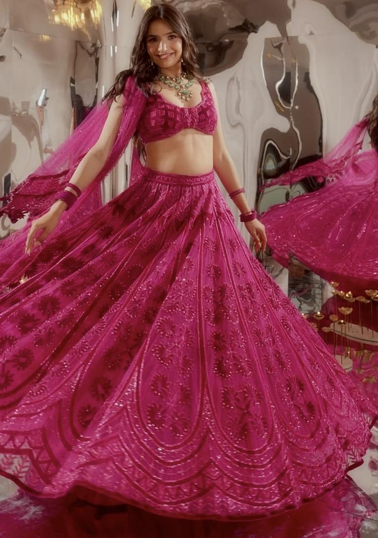 Pink Embroidered Silk Lehenga Set - Indya