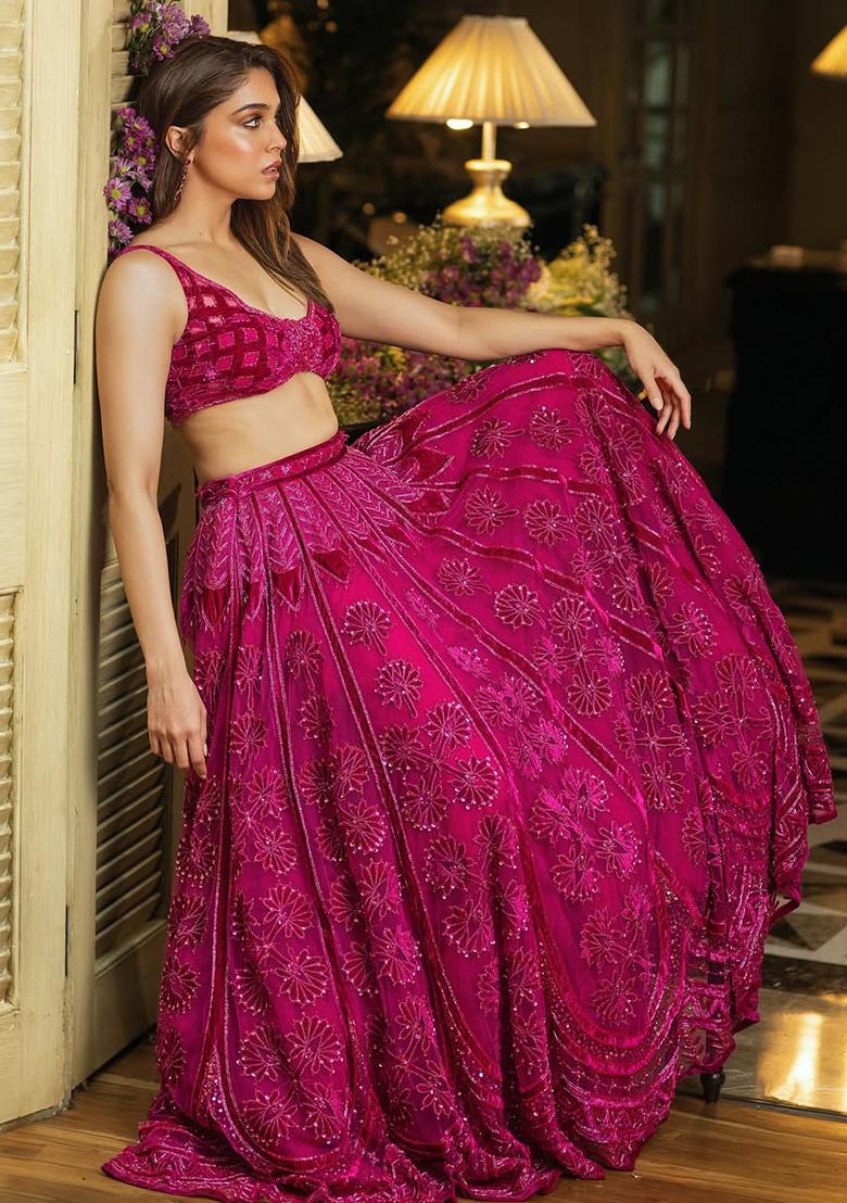 Pink Embroidered Silk Lehenga Set - Indya
