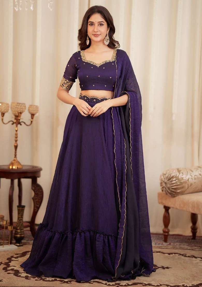 Purple Embroidered Silk Blend Lehenga Set for Diwali and Festive Wear - Indya