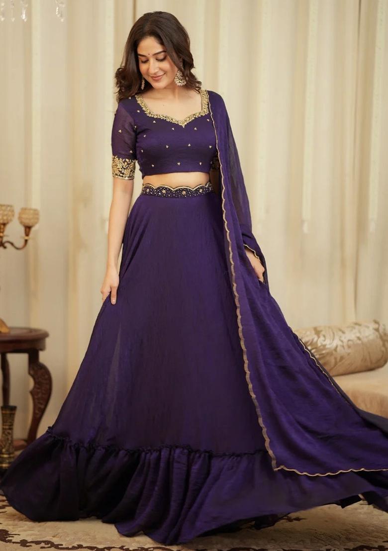 Purple Embroidered Silk Lehenga Set - Indya