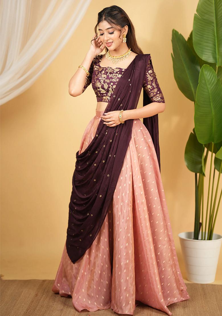 Peach Embroidered Silk Lehenga Set - Indya