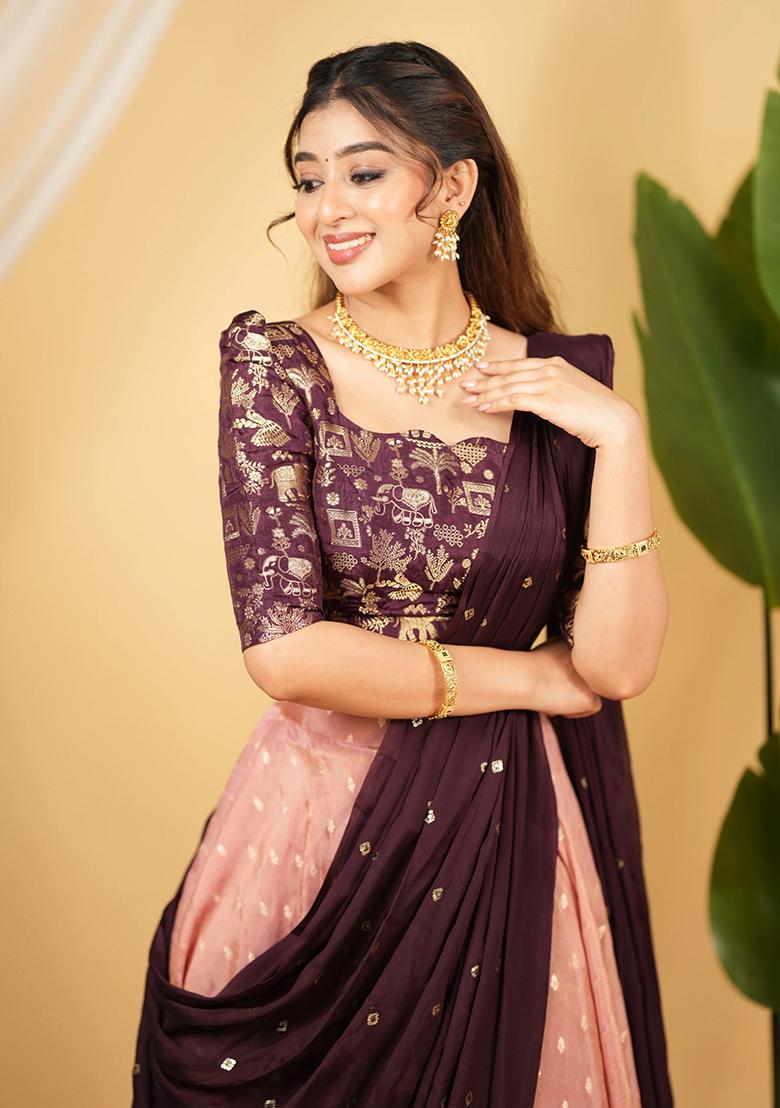 Peach Embroidered Silk Lehenga Set - Indya