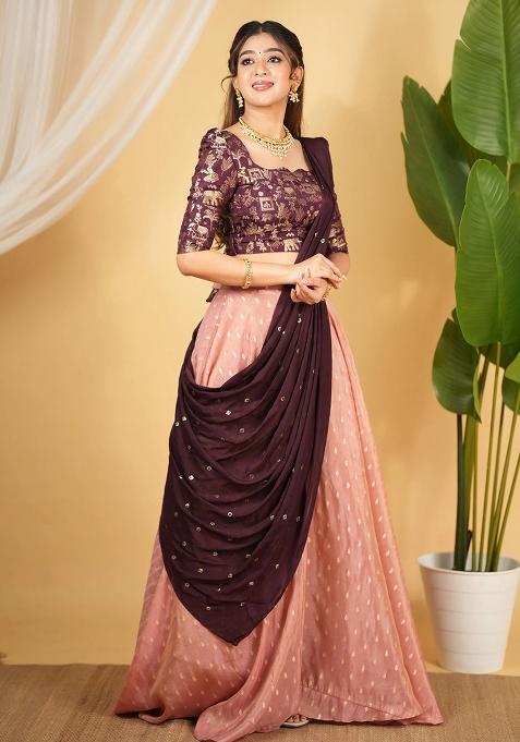Peach Embroidered Silk Lehenga Set