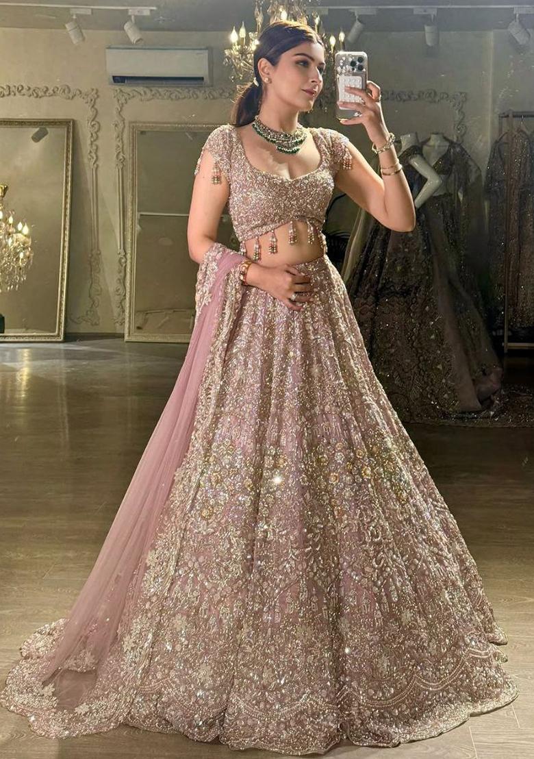Baby Pink Embroidered Georgette Lehenga Set - Indya