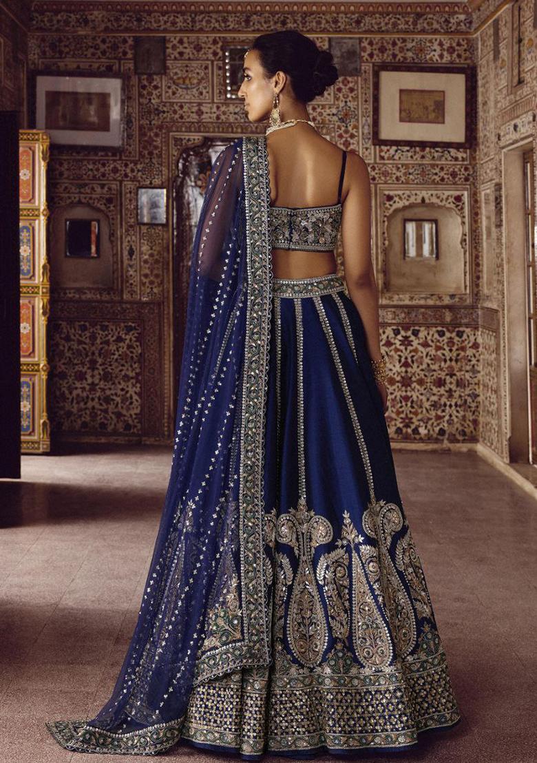 Blue Embroidered Silk Lehenga Set - Indya