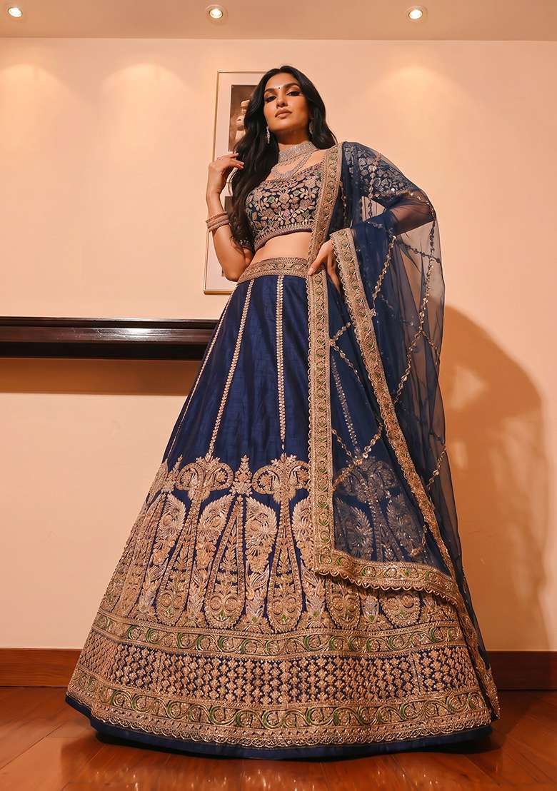 Blue Silk Blend Lehenga Set with Embroidered for Diwali | Wedding & Festive Wear - Indya
