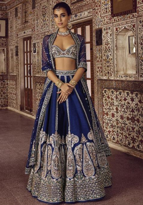 Blue Embroidered Silk Lehenga Set