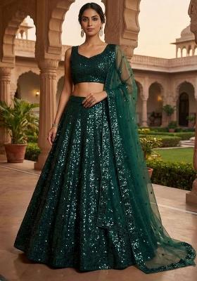 Green Embroidered Silk Lehenga Set