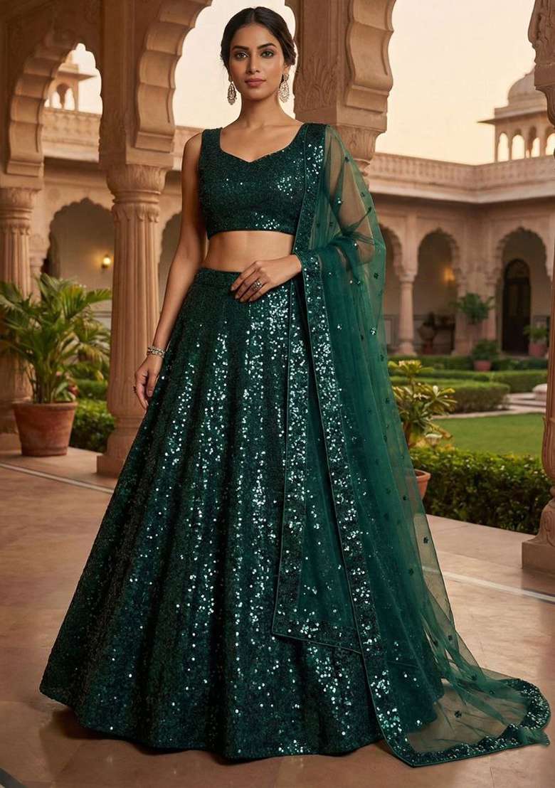 Green Silk Blend Lehenga Set with Embroidered for Diwali | Wedding & Festive Wear - Indya