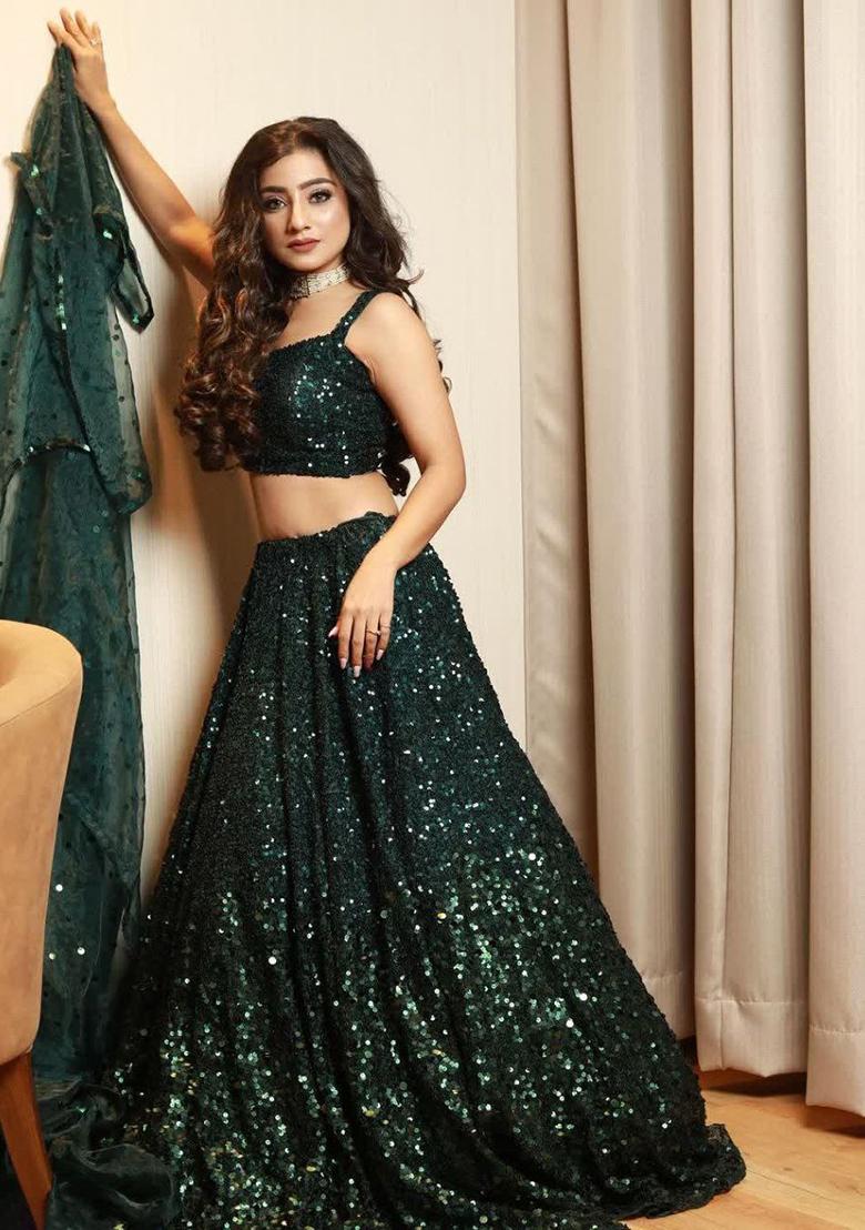 Green Embroidered Silk Lehenga Set - Indya