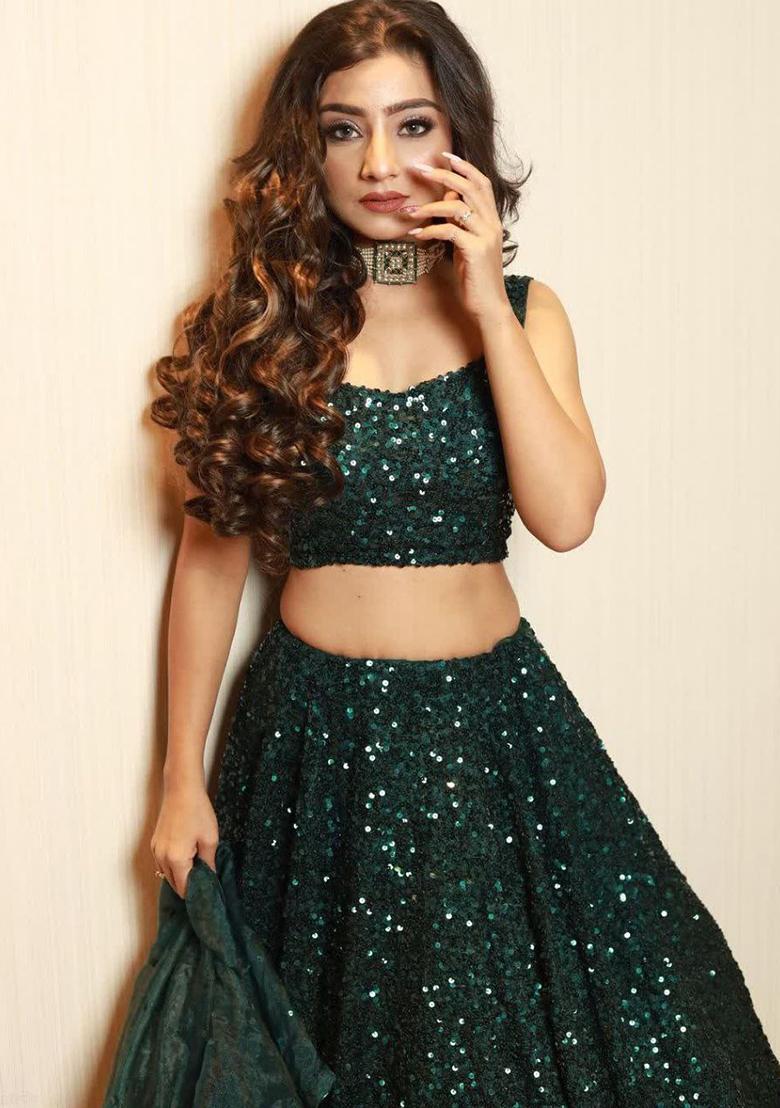 Green Embroidered Silk Lehenga Set - Indya