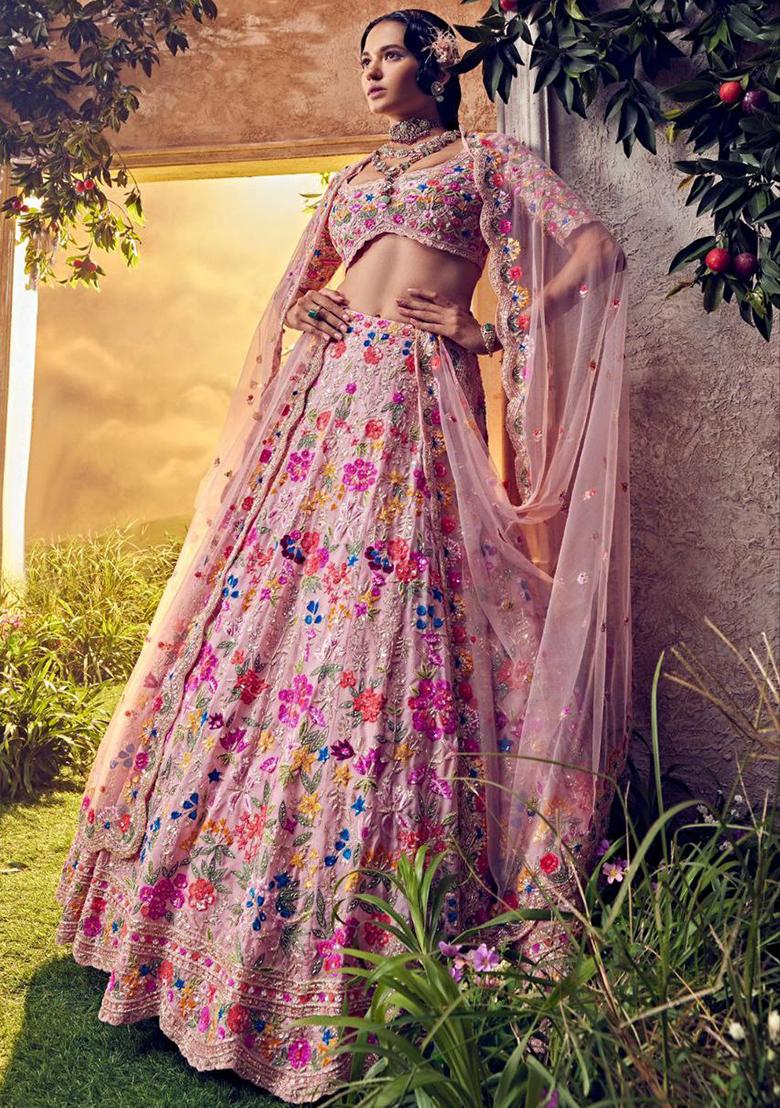 Peach Embroidered Georgette Lehenga Set - Indya
