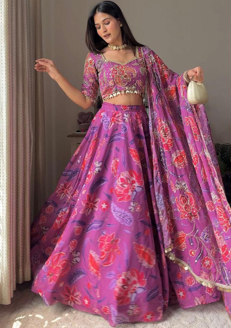 Purple Embroidered Georgette Lehenga Set - Indya