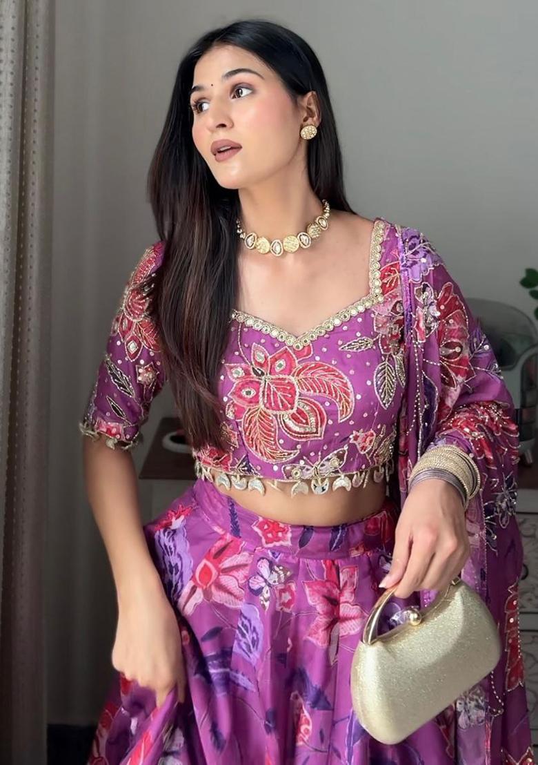 Purple Embroidered Georgette Lehenga Set - Indya