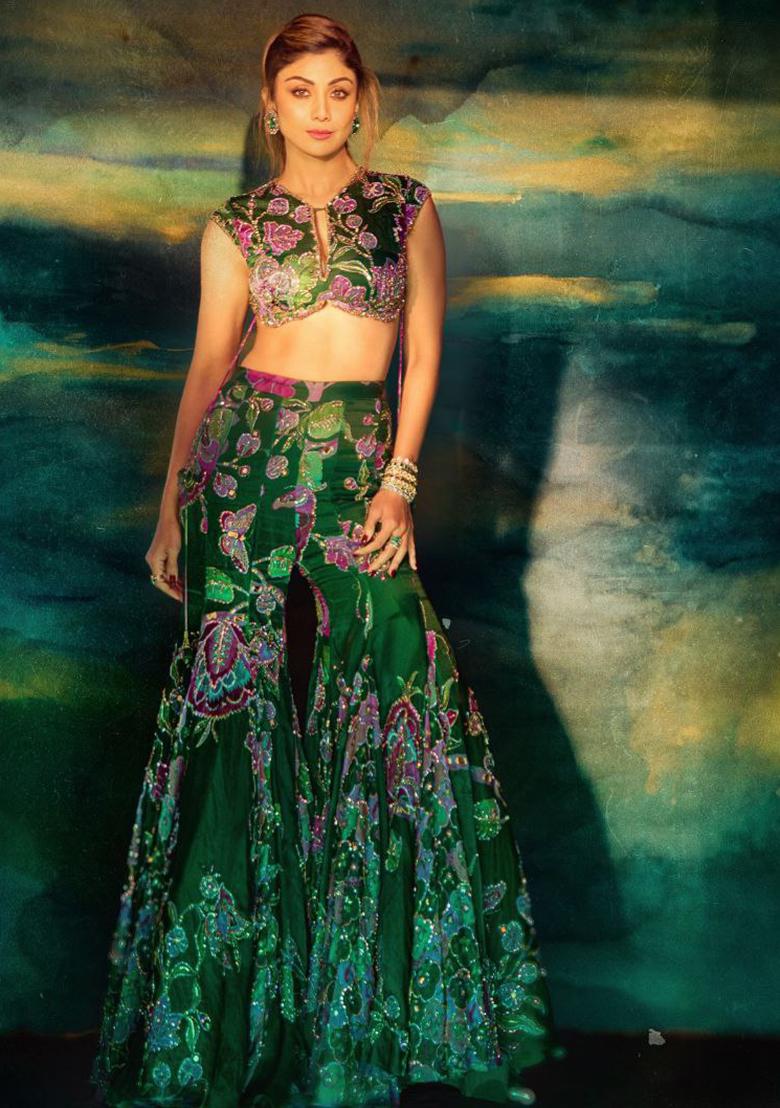 Green Embroidered Silk Lehenga Set - Indya