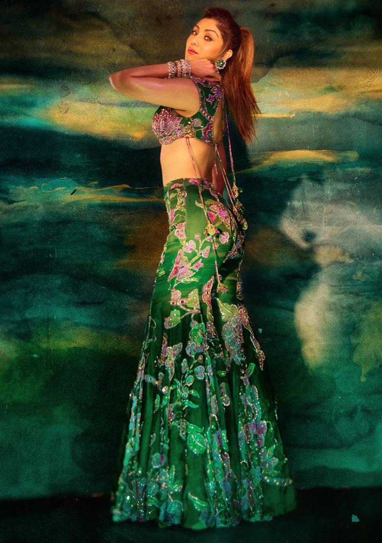 Green Embroidered Silk Lehenga Set - Indya