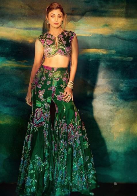 Green Embroidered Silk Lehenga Set